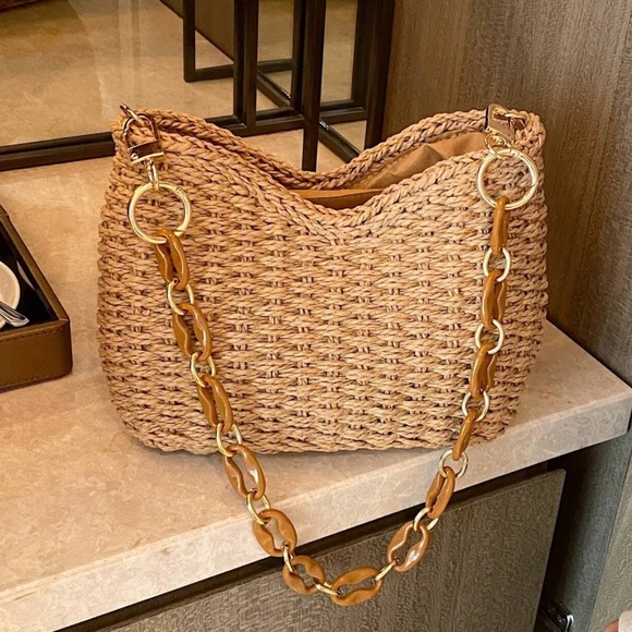 Boho Straw Woven Rattan Chain Strap Shoulder Bag - Picture 7 of 9